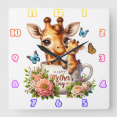 Horloge Carrée Giraffe Maman : Veau, Fleurs, Fête des Mères (Recto)