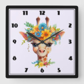 Horloge Carrée Giraffe mignonne à couronne florale (Recto)