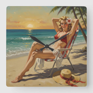 Horloge Carrée Girl On the Beach Retro 'les années 50 Pin-up art