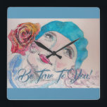 Horloge Carrée Girl with Red Rose Beret Be True To You Clock<br><div class="desc">Girl with Red Rose Beret Be True To You Clock. A lovely & practical venin ! Designed from one of my original watercolour paintings !</div>