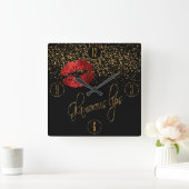Horloge Carrée Glamorous Red Lips et Gold Confeti (Maison)