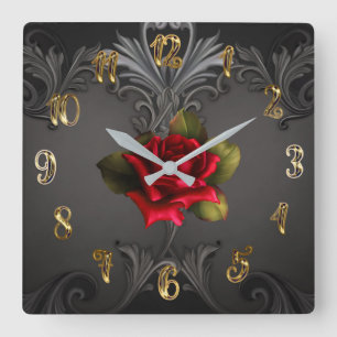 Horloge Carrée Glamour gothique Rose rouge Noir Ornemental Glam