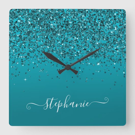 Horloge Carrée Glitterie Turquoise foncé Gradient Girly Calligrap (Recto)