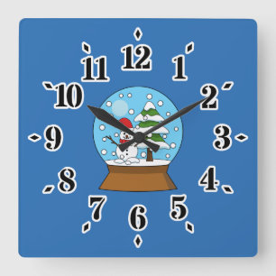 Horloge Carrée Globe de neige avec Snowman et Pine Tree