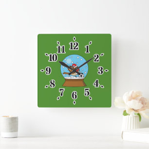 Horloge Carrée Globe de neige avec un moineau mignon jouant au so