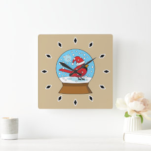 Horloge Carrée Globe des neiges avec cardinal rouge mignon