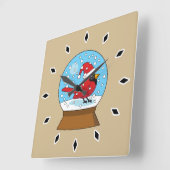 Horloge Carrée Globe des neiges avec cardinal rouge mignon (Angle)