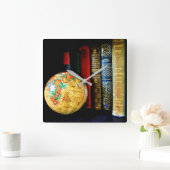 Horloge Carrée Globe et livres vintages (Maison)