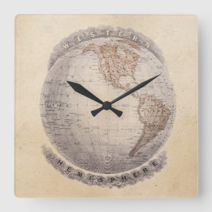 Horloge Carrée Globe vintage d'hémisphère de l'ouest de carte d