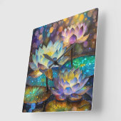 Horloge Carrée Glowing Lotus Flowers Trio (Angle)