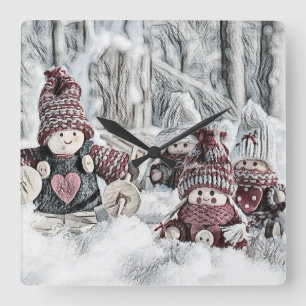 Horloge Carrée Gnomes vintages dans le dessin de neige