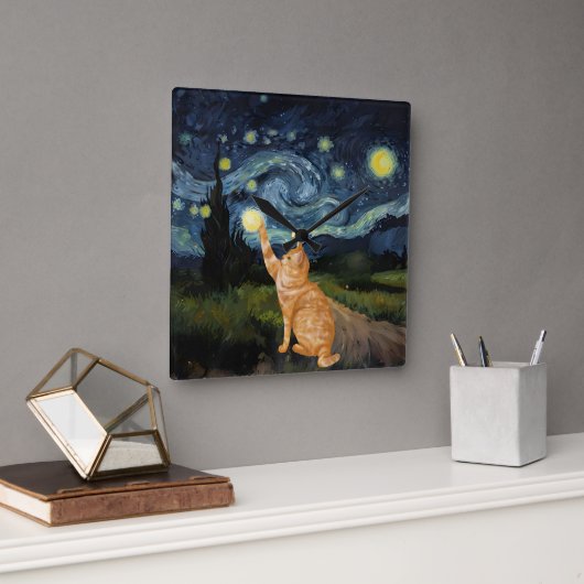 Horloge Carrée Gogh Kitty Starry Night Chat (Bureau)