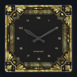 Horloge Carrée Gold art Deco Frame<br><div class="desc">Décor de type or,  géometric style over a black background. Monogram de Customizable</div>