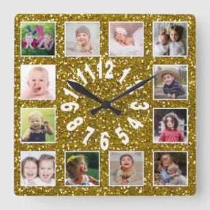 Horloge Carrée Gold Parties scintillant 12 Photo Collage