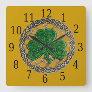 Horloge Carrée Gold Shamrock and Celtic Knots Square Clock
