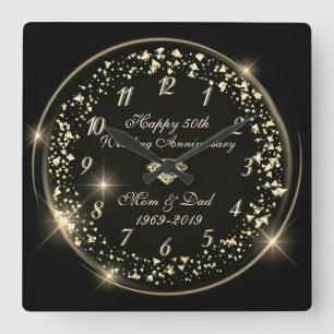 Horloge Carrée Gold Shiny Confetti, 50e anniversaire de Mariage n