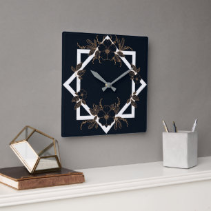 Horloge Carrée Golden Floral Black Elegant Motif