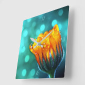 Horloge Carrée Golden Marigold sur Turquoise Bokeh (Angle)