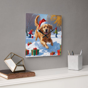 Horloge Carrée Golden Retriever dans la neige avec un chapeau de