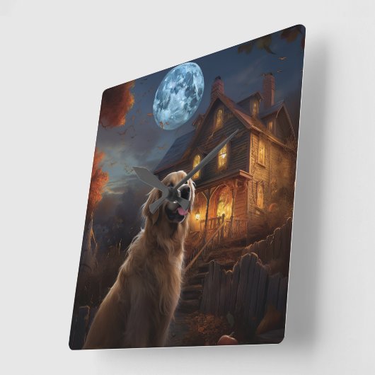 Horloge Carrée Golden Retriever Halloween effroi (Angle)