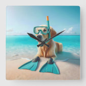 Horloge Carrée Golden Retriever portant tuba et palmes (Recto)