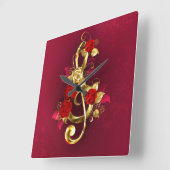 Horloge Carrée Golden Treble Clef avec fleurs Roses (Angle)