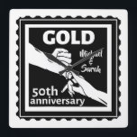 Horloge Carrée Golden wedding anniversary holding hands 50th<br><div class="desc">If you would like any help customizing this design,  please use the ask this designer button,  just below this text. A romantic design for your gold wedding anniversary,  when you are celebrating 50 years of marriage. This design has a Vector illustration of a couple holding hands.</div>