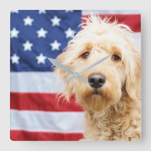 Horloge Carrée Goldendoodle avec drapeau américain (Recto)