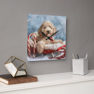 Horloge Carrée Goldendoodle Chien Festif de Noël