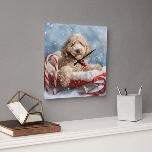 Horloge Carrée Goldendoodle Chien Festif de Noël (Bureau)