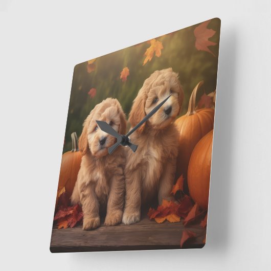 Horloge Carrée Goldendoodle Chiot Automne Citrouille délice (Angle)