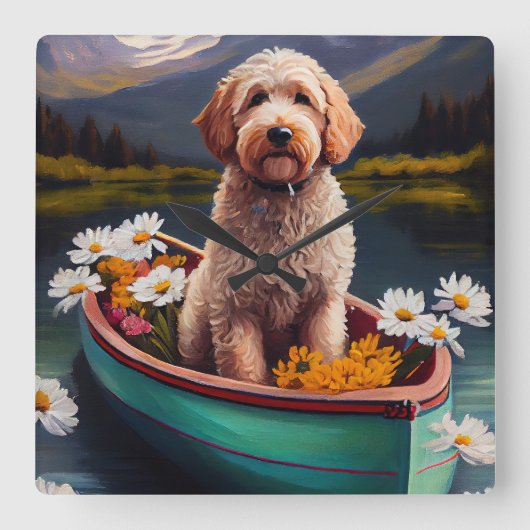 Horloge Carrée Goldendoodle on a Paddle : Une aventure Pittoresqu (Recto)