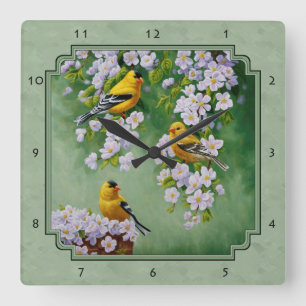 Horloge Carrée Goldfinch Birds and Flowers Green