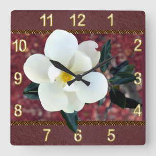 Horloge Carrée Gorgeous Magnolia Clock, Burgundy ou YOUR COLORS
