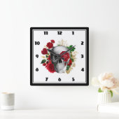 Horloge Carrée Goth Crâne avec Fleurs rouges et Feuilles d'or (Maison)