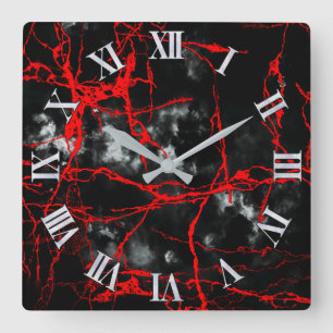 Horloge Carrée Goth nocturne d'horreur - Noir et Blanc, Rouge