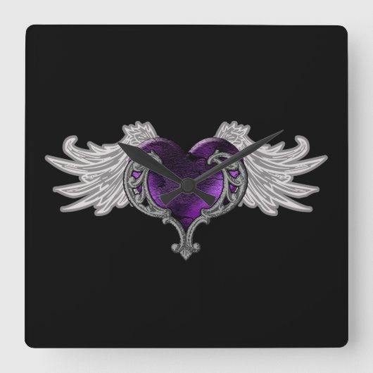 Horloge Carrée Goth Purple Heart avec Angel Wings Wall Clock (Recto)