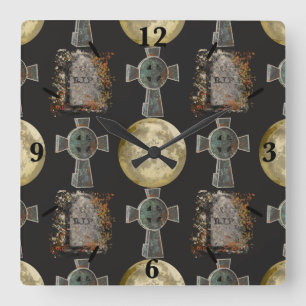 Horloge Carrée Gothique R.I.P. Headstone Celtic Cross Pleine lune