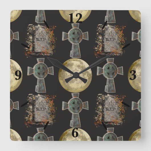 Horloge Carrée Gothique R.I.P. Headstone Celtic Cross Pleine lune (Recto)