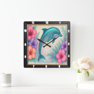 Horloge Carrée Gracity Dolphin Floral Art