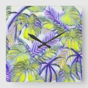 Horloge Carrée Grande aquarelle feuille tropicale colorée