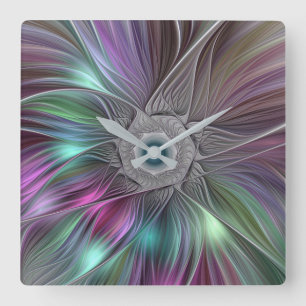 Horloge Carrée Grande Fleur colorée Abstraite Trippy Fractal Art