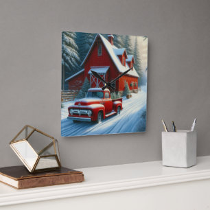 Horloge Carrée Grange Rouge Rustique et Camion Vintage 