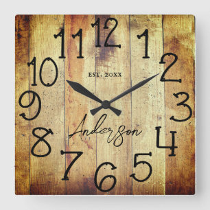 Horloge Carrée Grange Rustique en Bois Maison de Ferme Nom de Fam