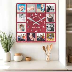Horloge Carrée Grange Rustique Rouge Bois Maison 12 Collage Photo
