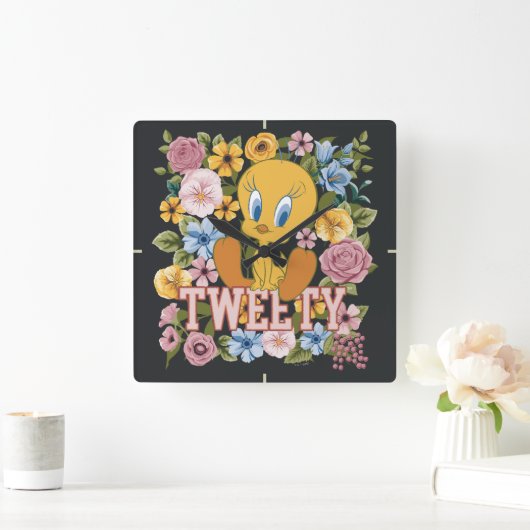 Horloge Carrée Graphisme de broderie florale TWEETY™ (Maison)