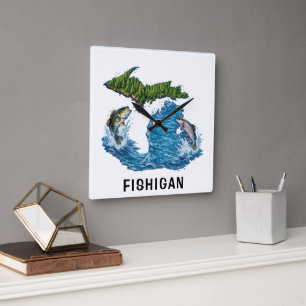 Horloge Carrée Graphisme de l'État du Michigan avec Poisson
