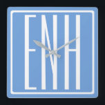 Horloge Carrée Gras moderne 3 initiales Monogramme | Bleu doux<br><div class="desc">Texte blanc & cadre blanc sur bleu ciel (ou choisir votre propre couleur).</div>