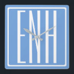 Horloge Carrée Gras moderne 3 initiales Monogramme | Bleu doux<br><div class="desc">Texte blanc & cadre blanc sur bleu ciel (ou choisir votre propre couleur).</div>