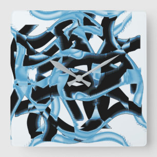 Horloge Carrée Gravures ou bandes noires et bleues détruites, tac